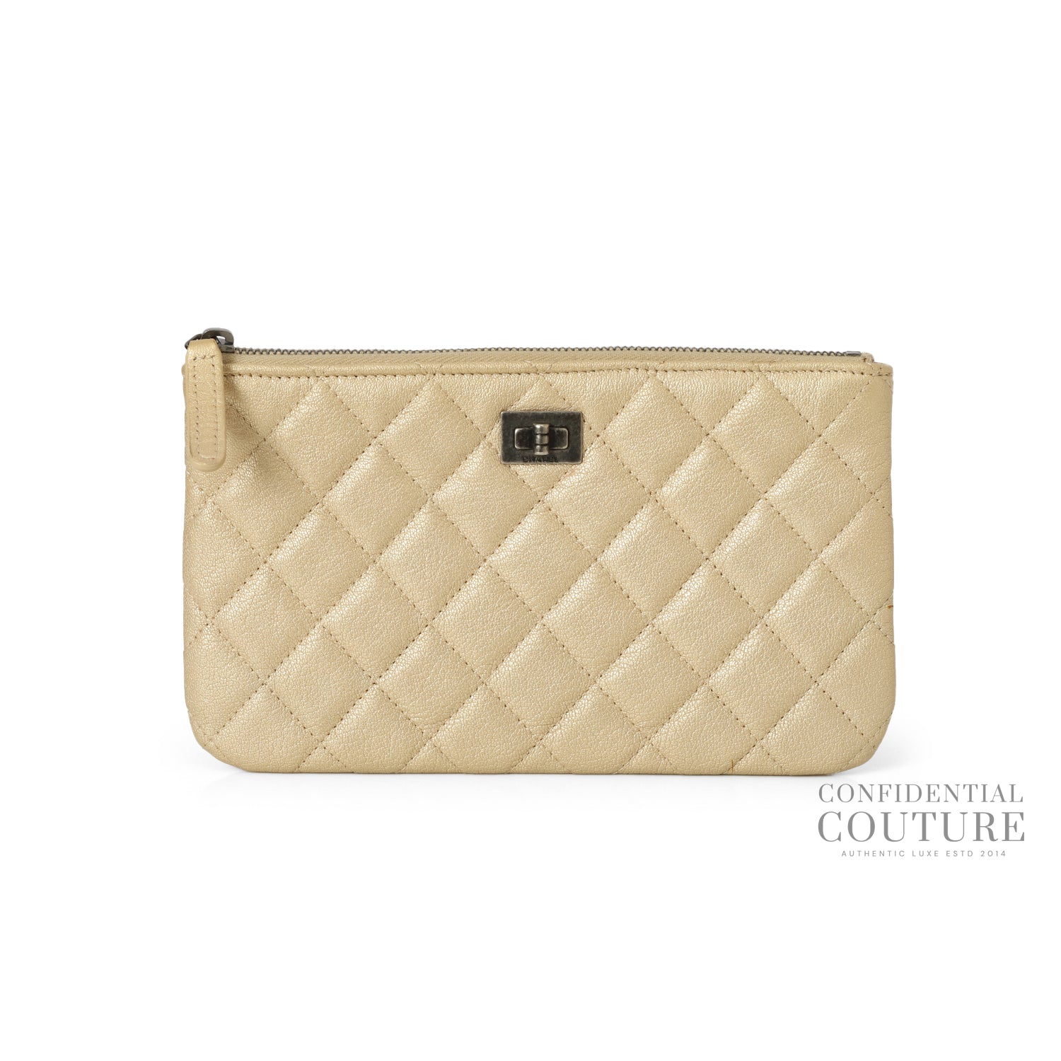 Gold Calfskin Quilted Classic Zipped Pouch Clutch