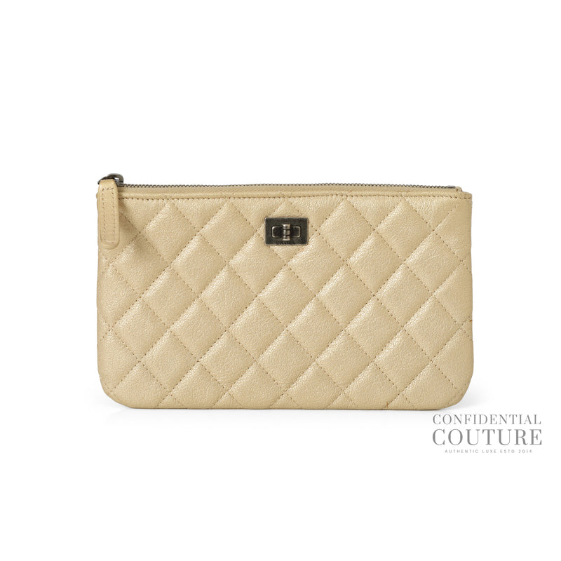 Chanel Gold Calfskin Quilted Classic Zipped Pouch Clutch
