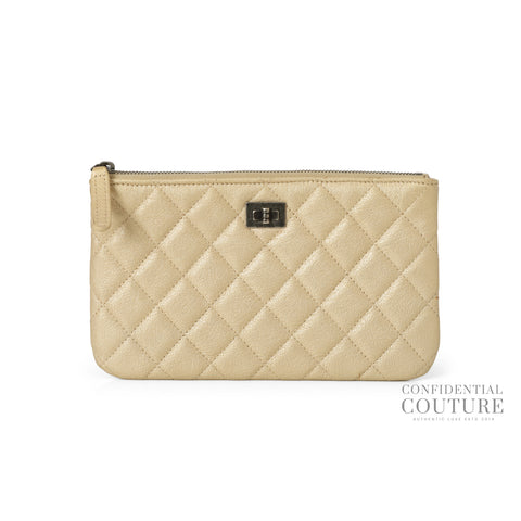 Gold Calfskin Quilted Classic Zipped Pouch Clutch