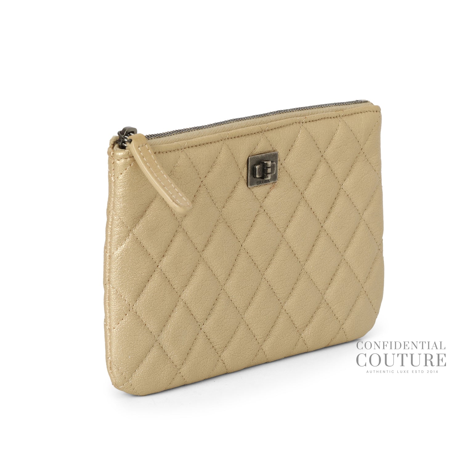 Gold Calfskin Quilted Classic Zipped Pouch Clutch