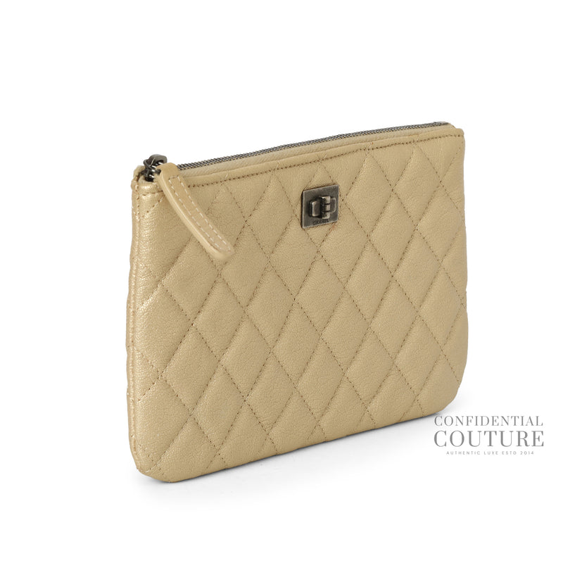 Women pre loved Chanel Gold Calfskin Quilted Classic Zipped Pouch Clutch