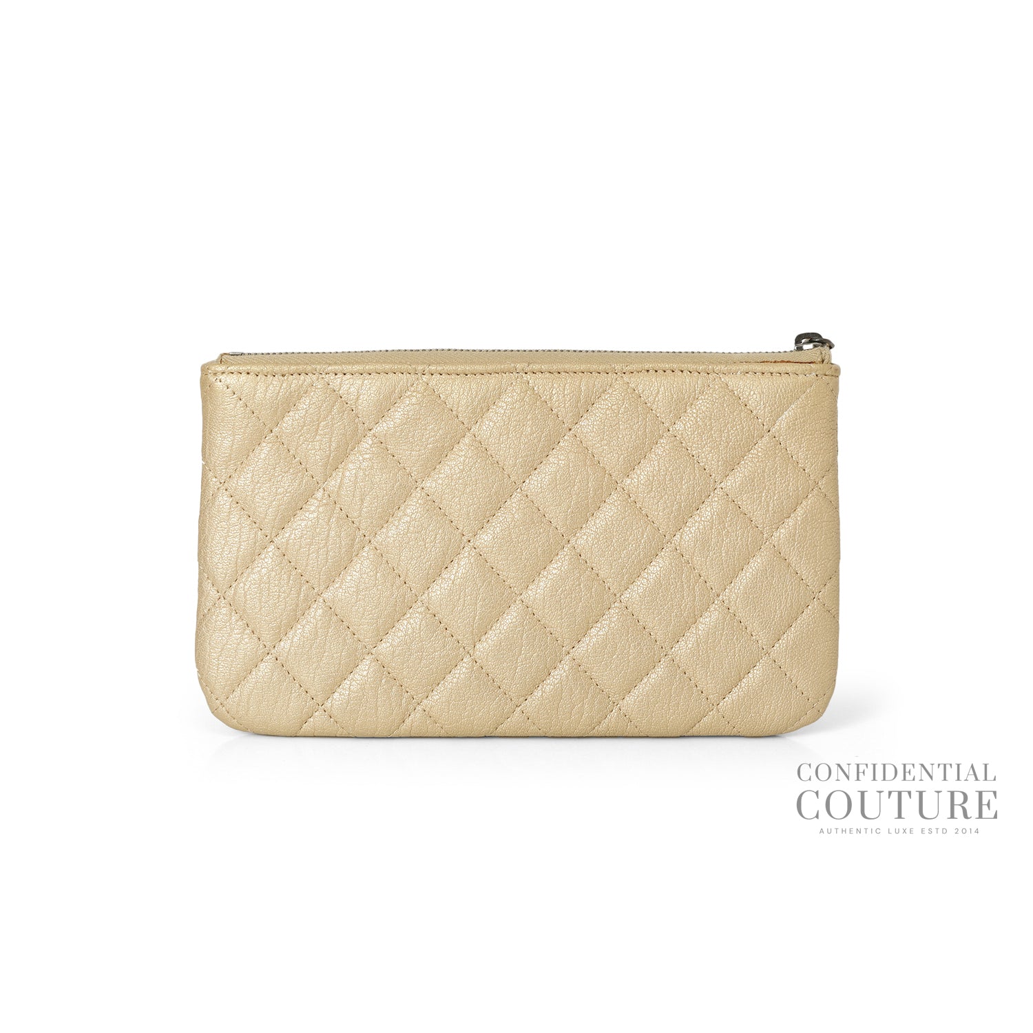 Gold Calfskin Quilted Classic Zipped Pouch Clutch