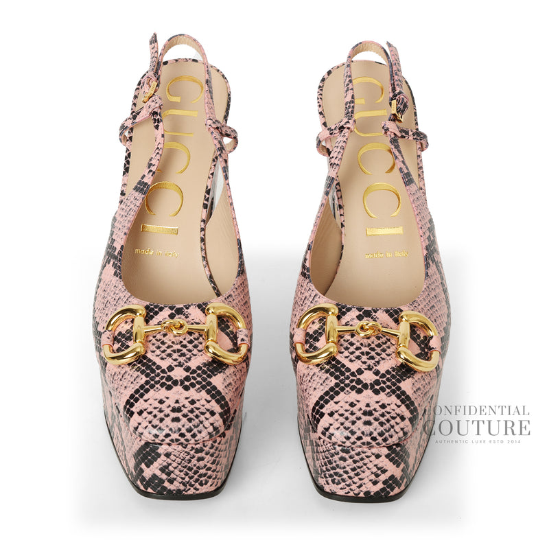 Women Gucci Calfskin Python Print Horsebit Platform Slingback Pumps EU 38.5 | US 8.5