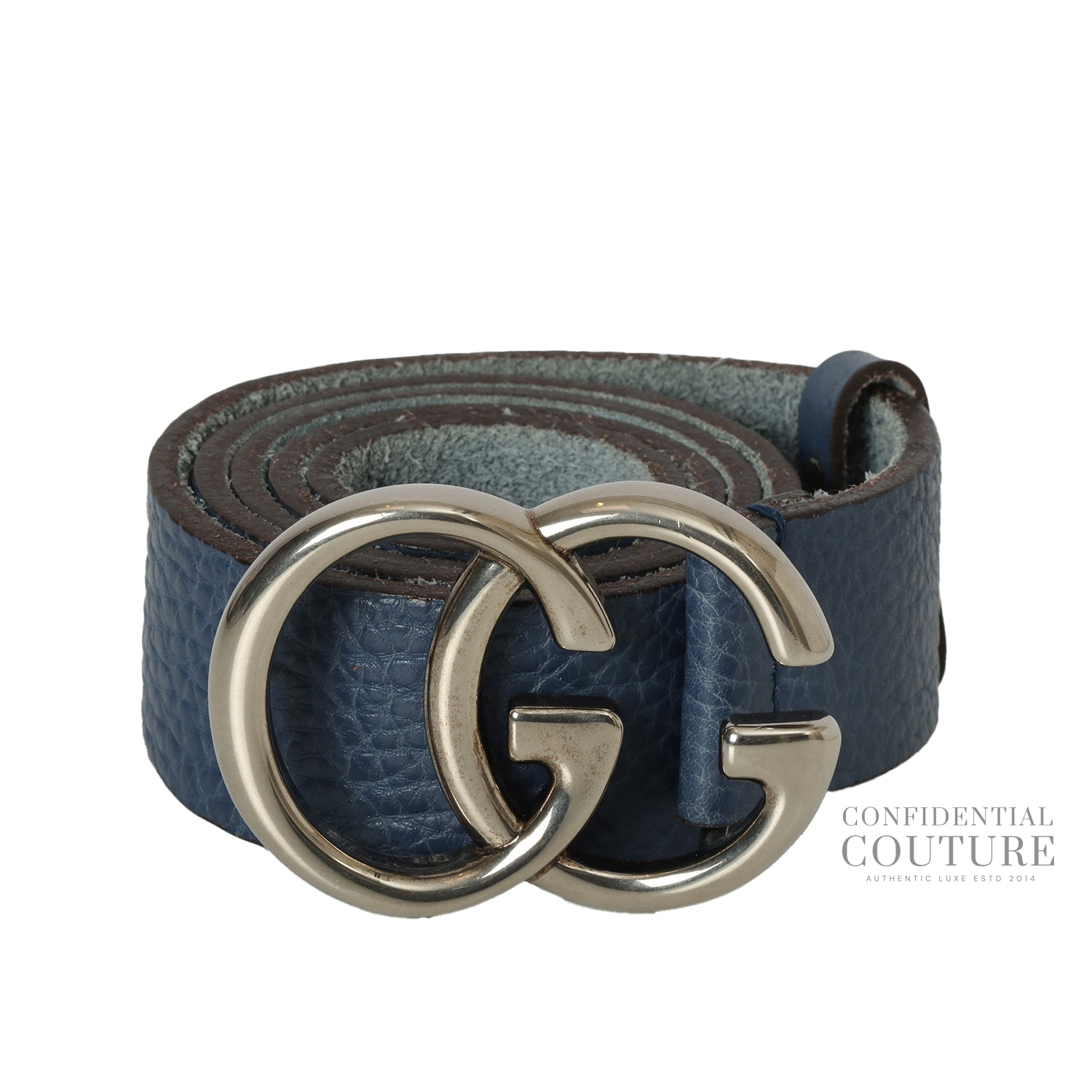 Blue GG Marmont Pebled Leather Belt- 38