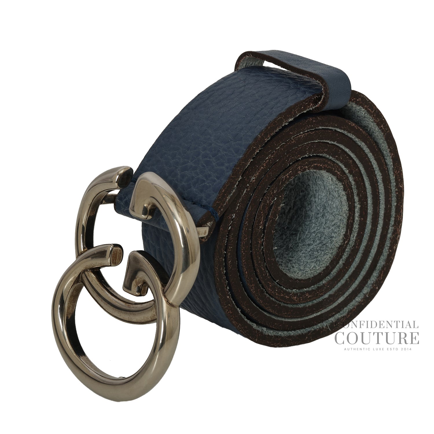Blue GG Marmont Pebled Leather Belt- 38