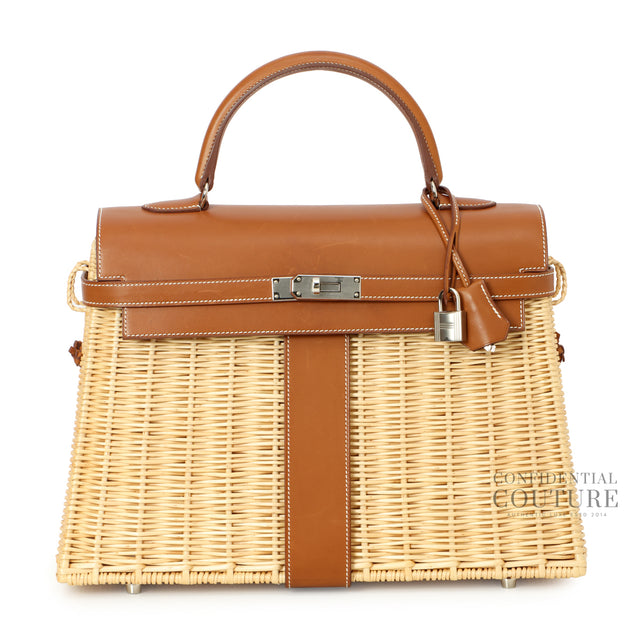 Pre-Loved Hermès Kelly 35 Picnic Wicker and Barenia Leather Bag with Palladium Hardware – Front View