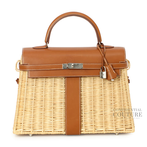 Kelly 35cm Picnic Wicker and Barenia Leather Palladium Hardware