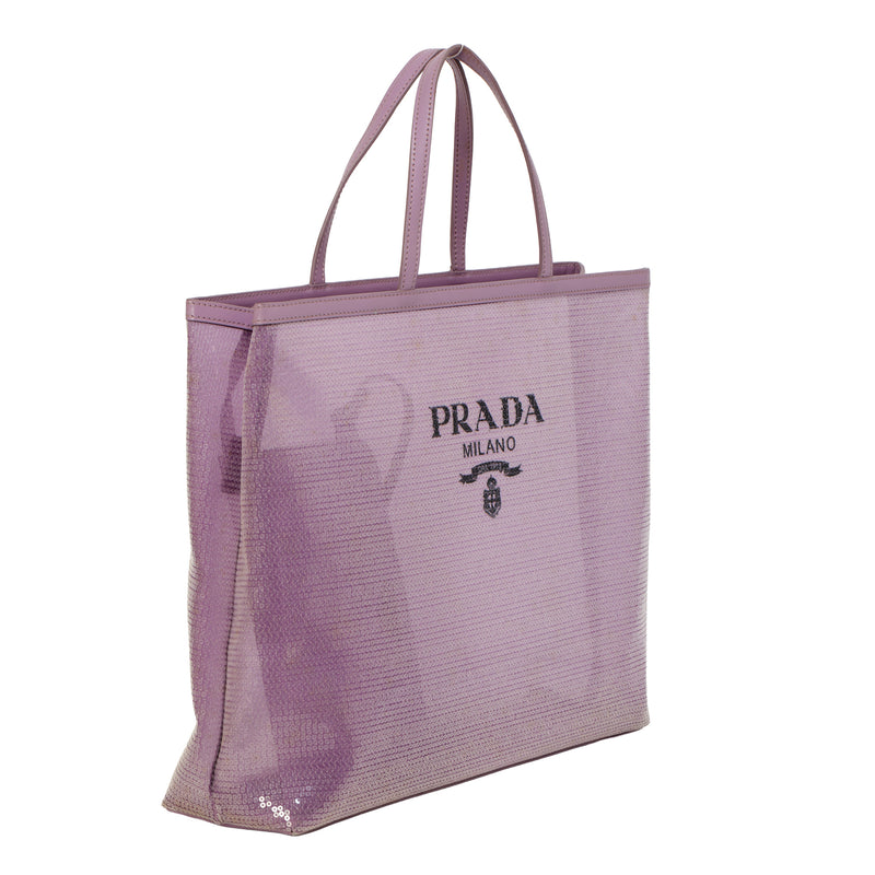 Purple Sequin Mesh and Leather Large Tote Bag