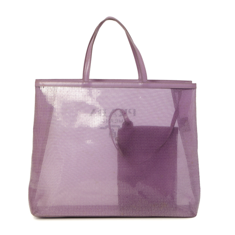 Purple Sequin Mesh and Leather Large Tote Bag