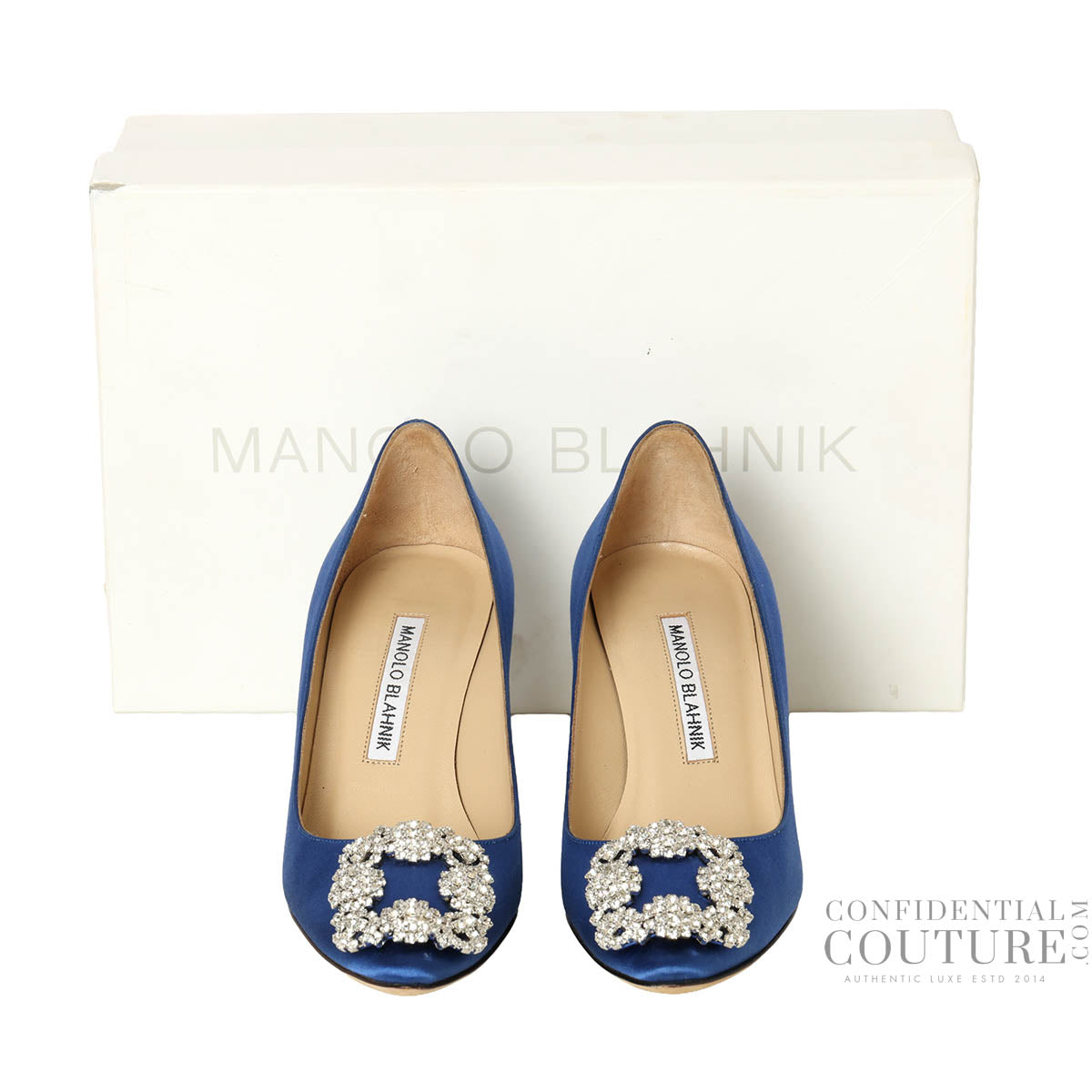 Mid Blue Satin Jeweled Buckle Hangisi Pumps- EU 34.5