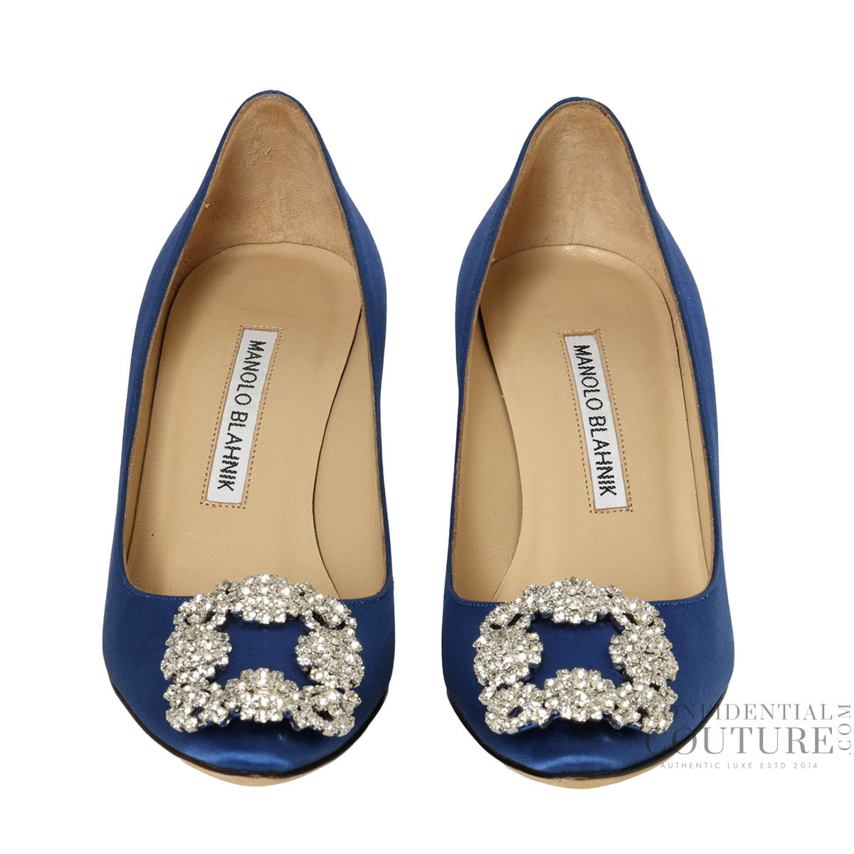 Mid Blue Satin Jeweled Buckle Hangisi Pumps- EU 34.5