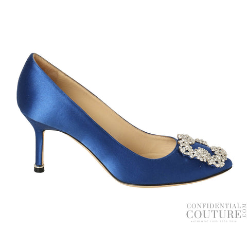 Mid Blue Satin Jeweled Buckle Hangisi Pumps- EU 34.5