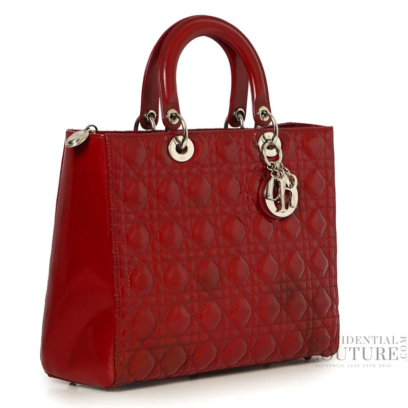 Cherry Red Cannage Quilted Patent Leather Large Lady Dior Bag