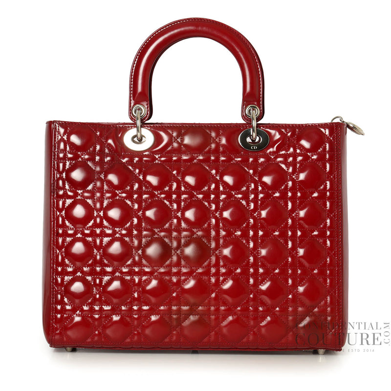 Cherry Red Cannage Quilted Patent Leather Large Lady Dior Bag
