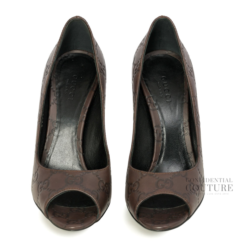 Brown Guccissima Leather Peep Toe Pumps | 37