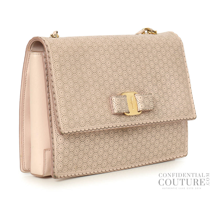 Pre-loved Salvatore Ferragamo Baby Pink Miss Vara Bow perforated leather crossbody bag