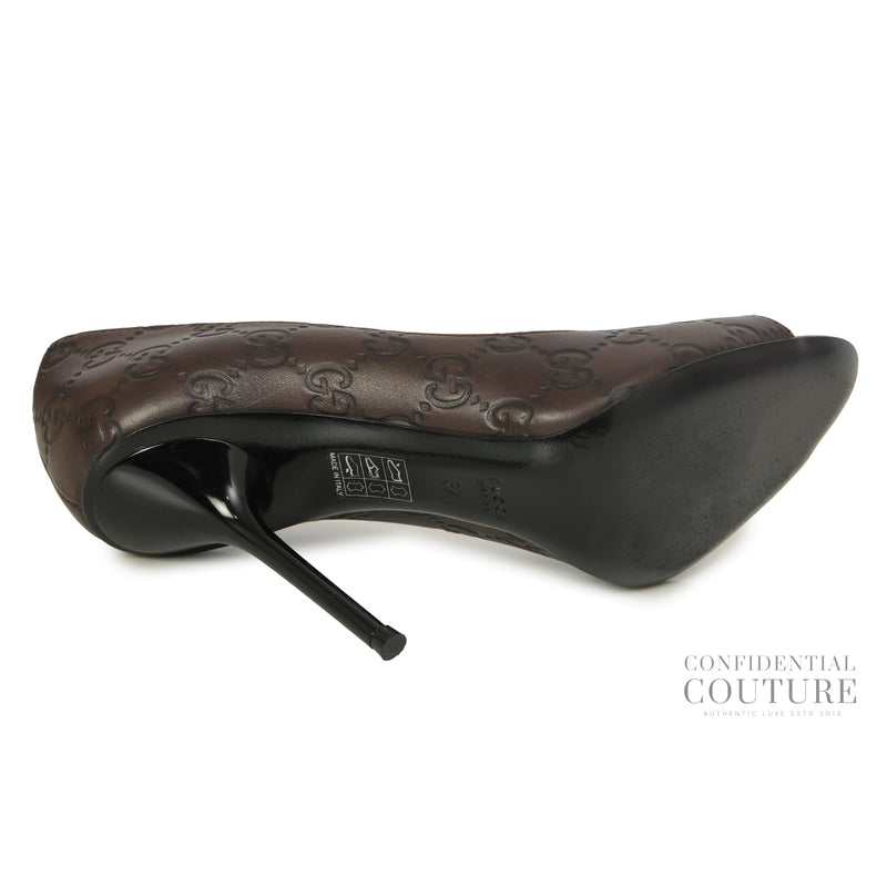 Brown Guccissima Leather Peep Toe Pumps | 37
