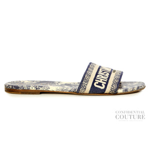 Dway Slide Vibrant Blue Embroidered Cotton and Toile de Jouy Motif | 38