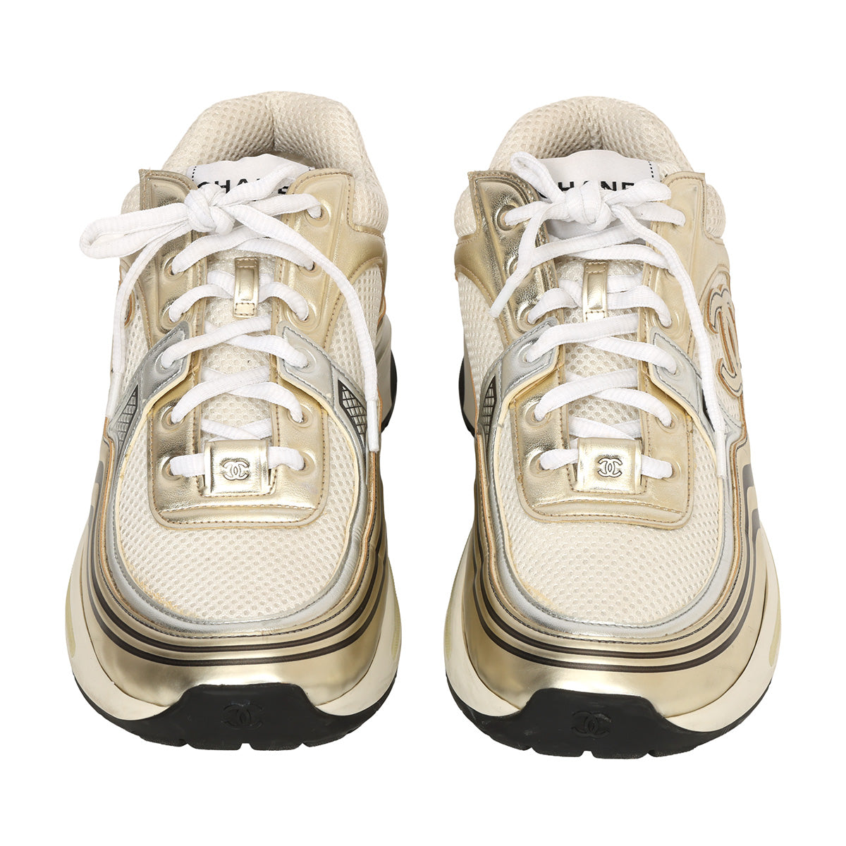 White Gold Fabric and Laminated Trainers- 41.5