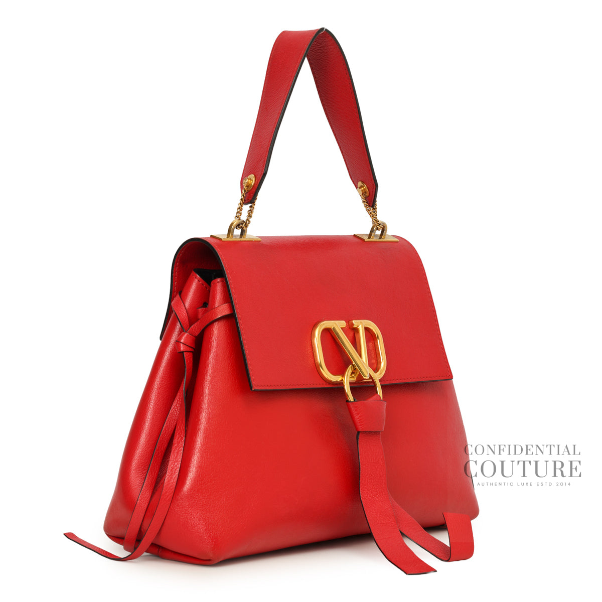 Red Leather V-Ring Top Handle Bag