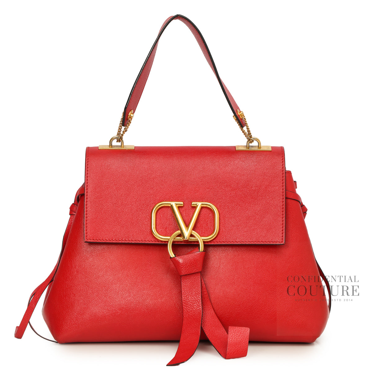 Red Leather V-Ring Top Handle Bag