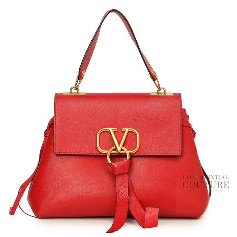 Red Leather V-Ring Top Handle Bag