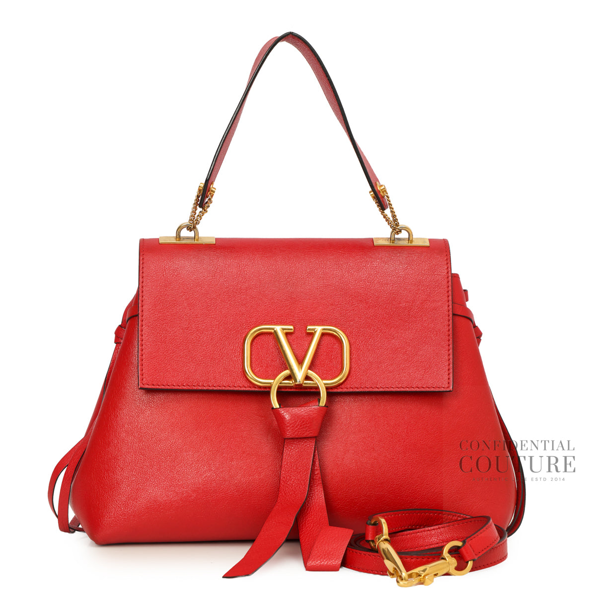 Red Leather V-Ring Top Handle Bag