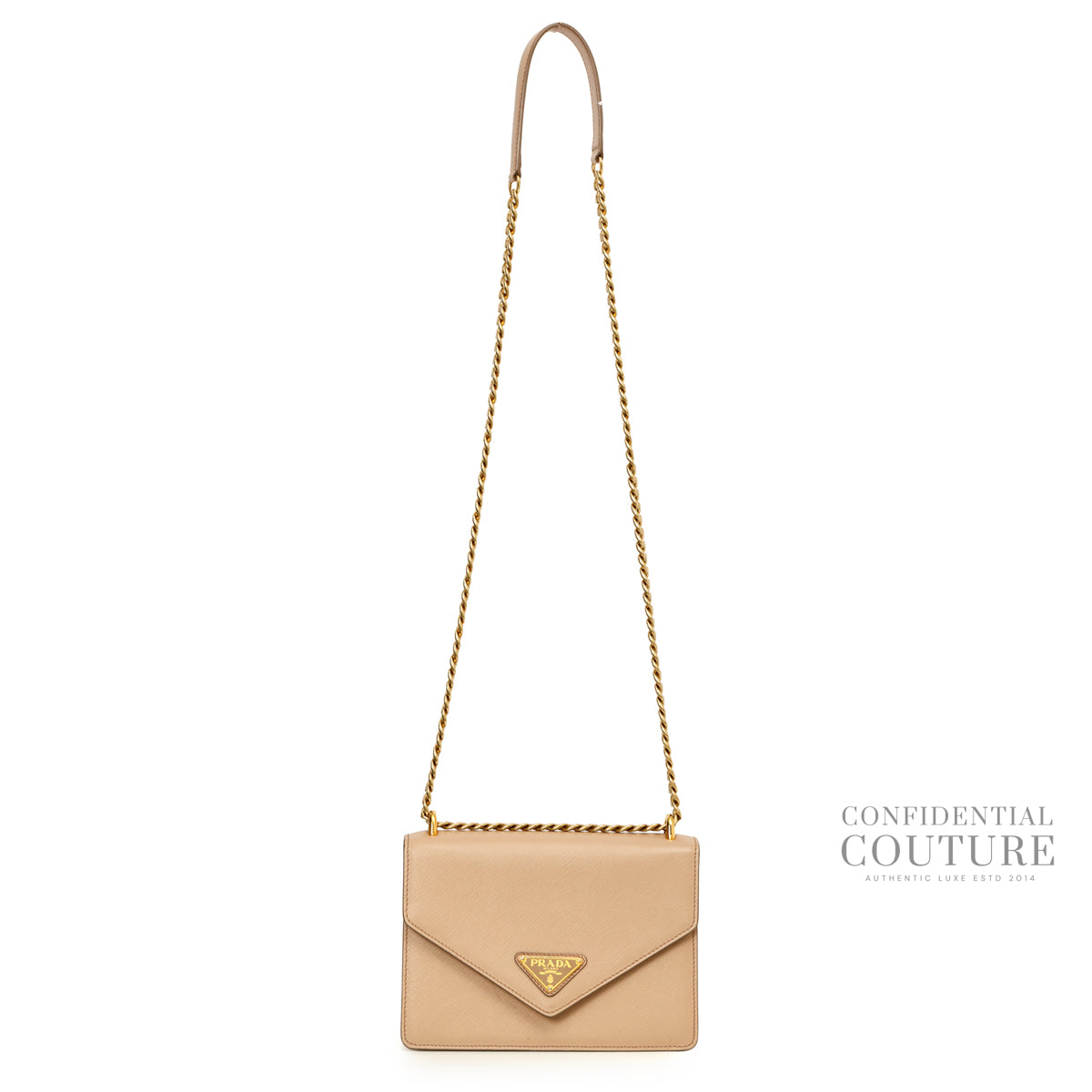 Envelope Flap Saffiano Beige Leather Chain Shoulder