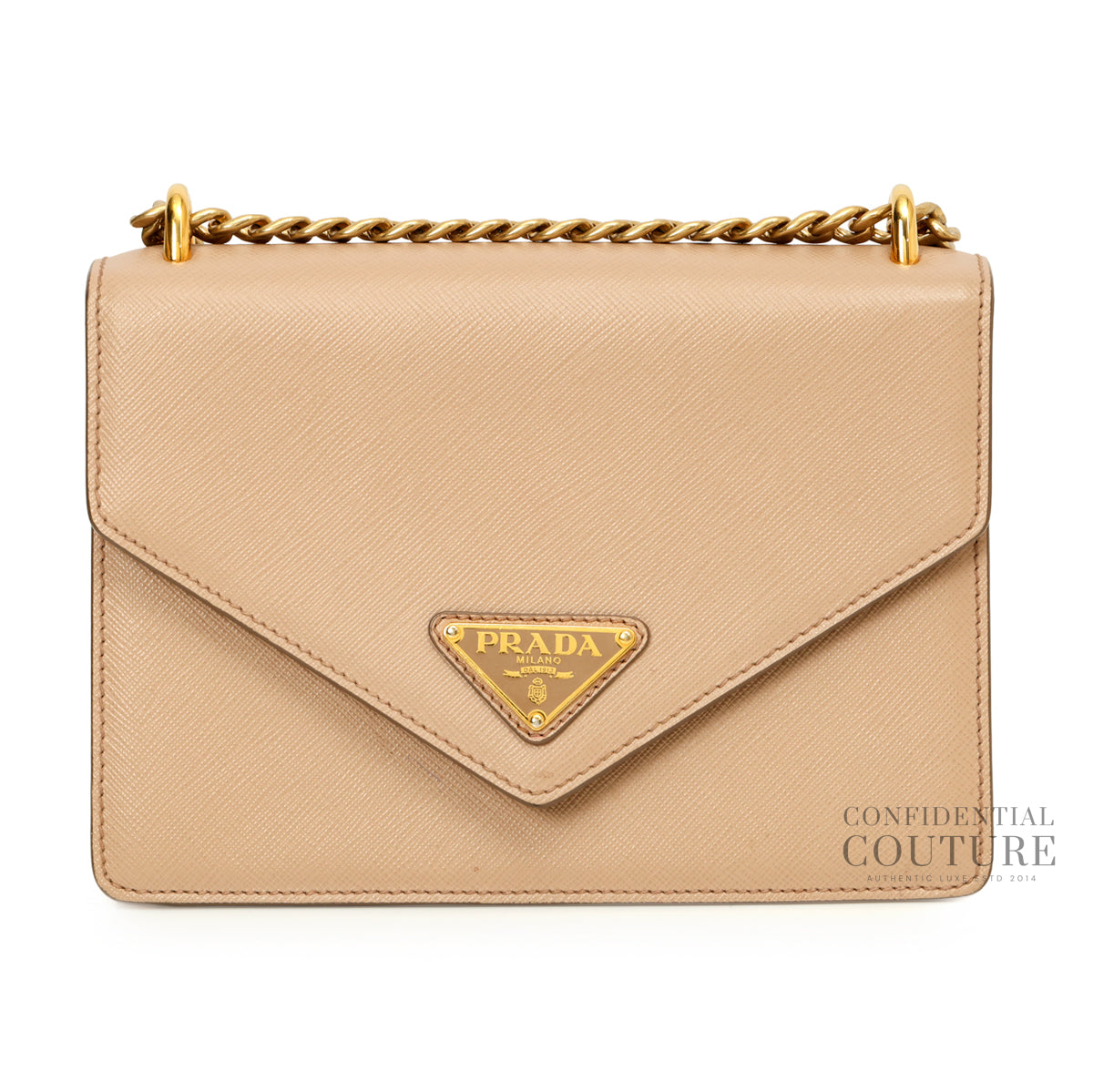 Envelope Flap Saffiano Beige Leather Chain Shoulder