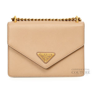 Envelope Flap Saffiano Beige Leather Chain Shoulder