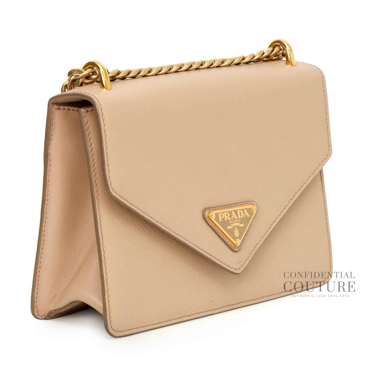 Envelope Flap Saffiano Beige Leather Chain Shoulder