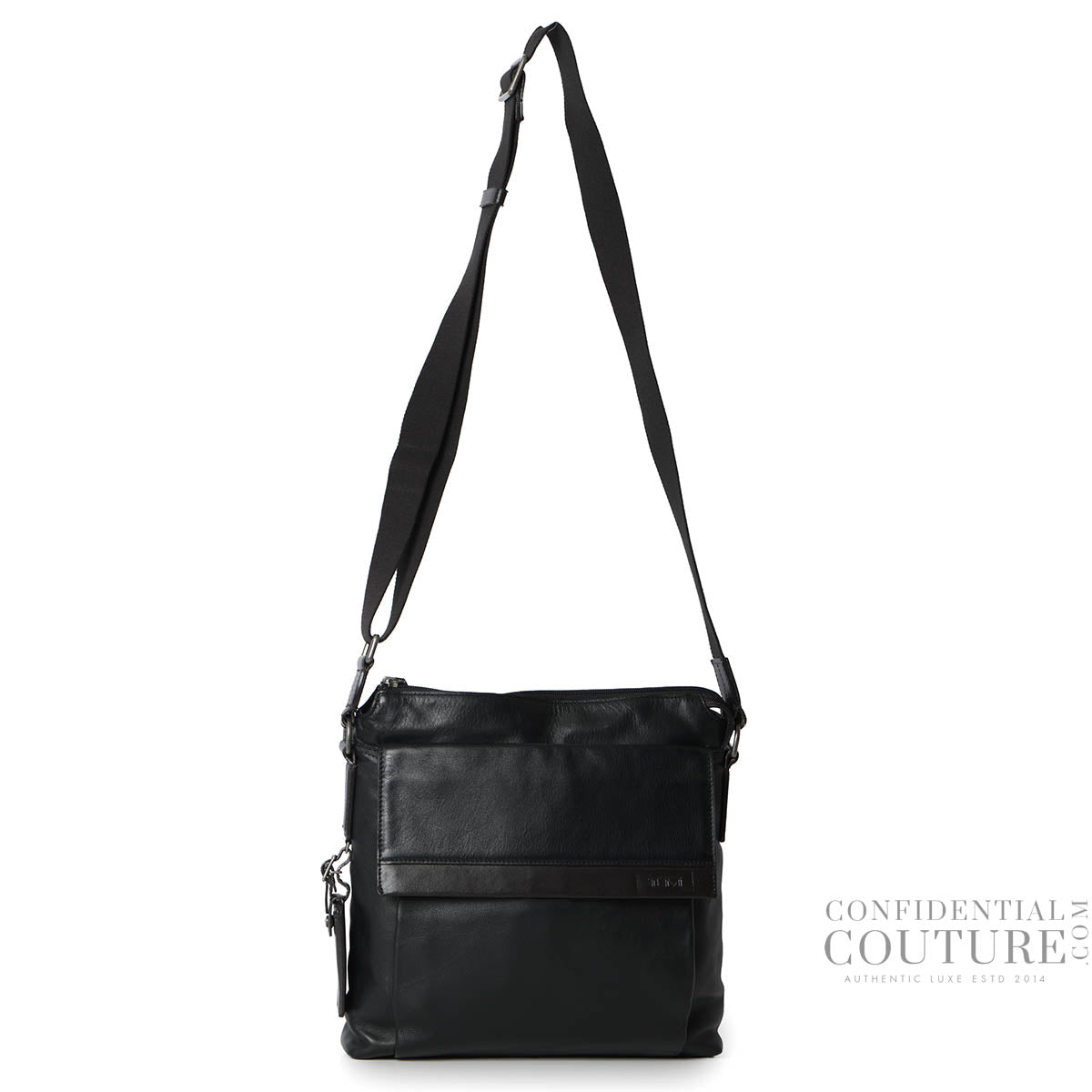 Black Leather Oxford Top Zip Flap Crossbody Bag