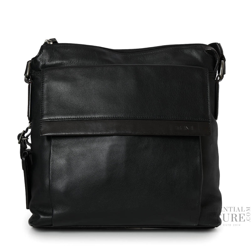 Black Leather Oxford Top Zip Flap Crossbody Bag
