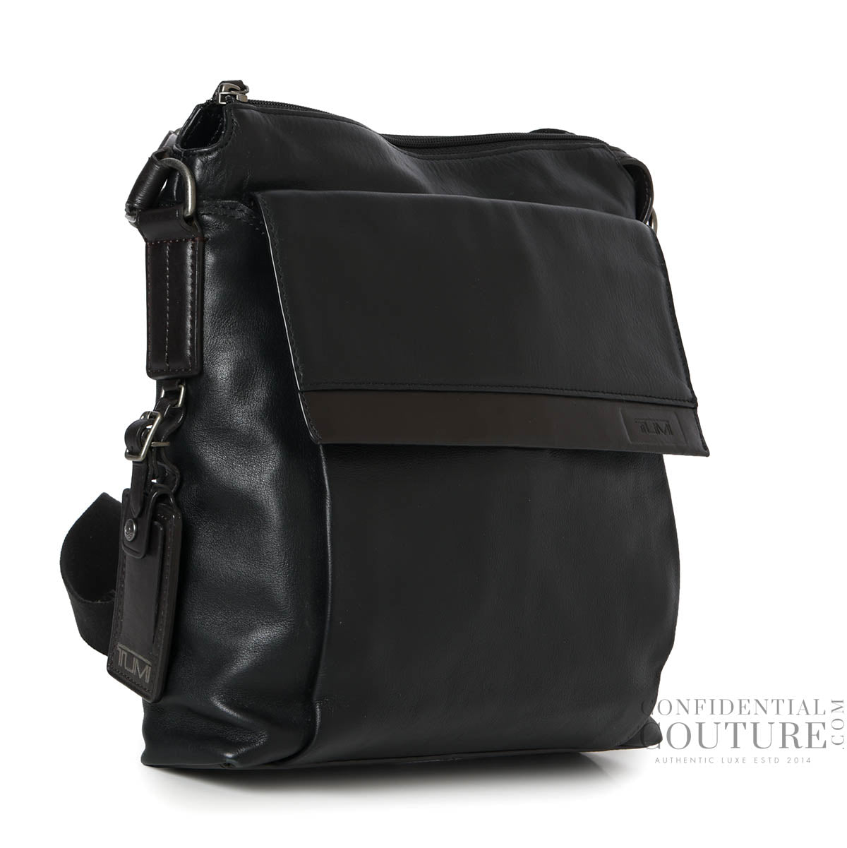 Black Leather Oxford Top Zip Flap Crossbody Bag