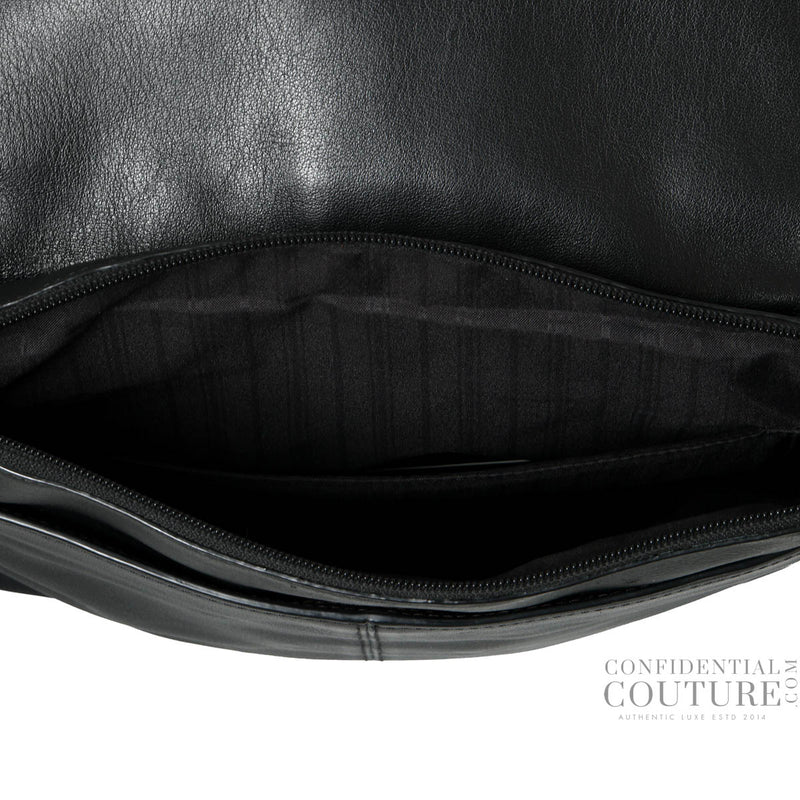 Black Leather Oxford Top Zip Flap Crossbody Bag
