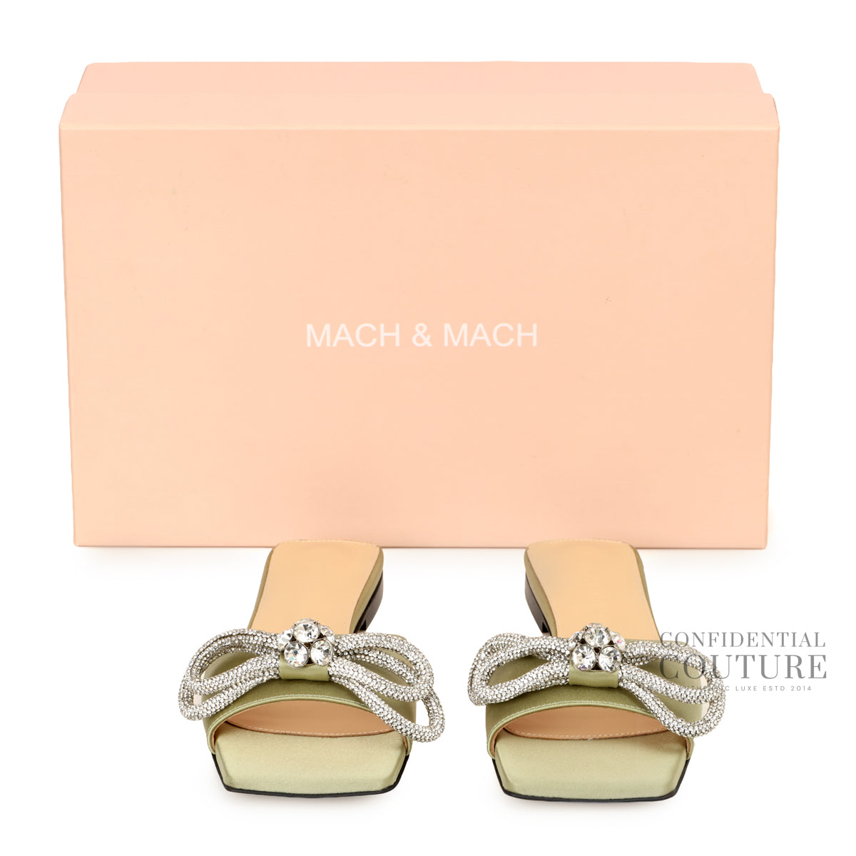 Mint Green Satin Crystal Embellished Double Bow Flat Slides | EU 37.5