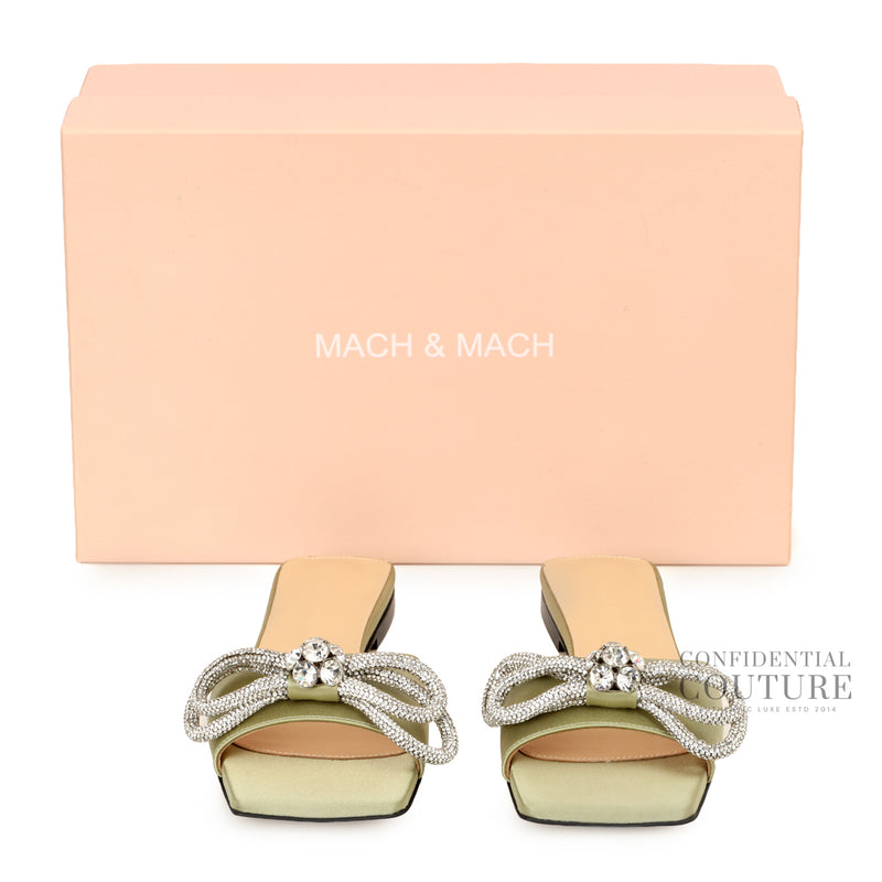 Mint Green Satin Crystal Embellished Double Bow Flat Slides | EU 37.5