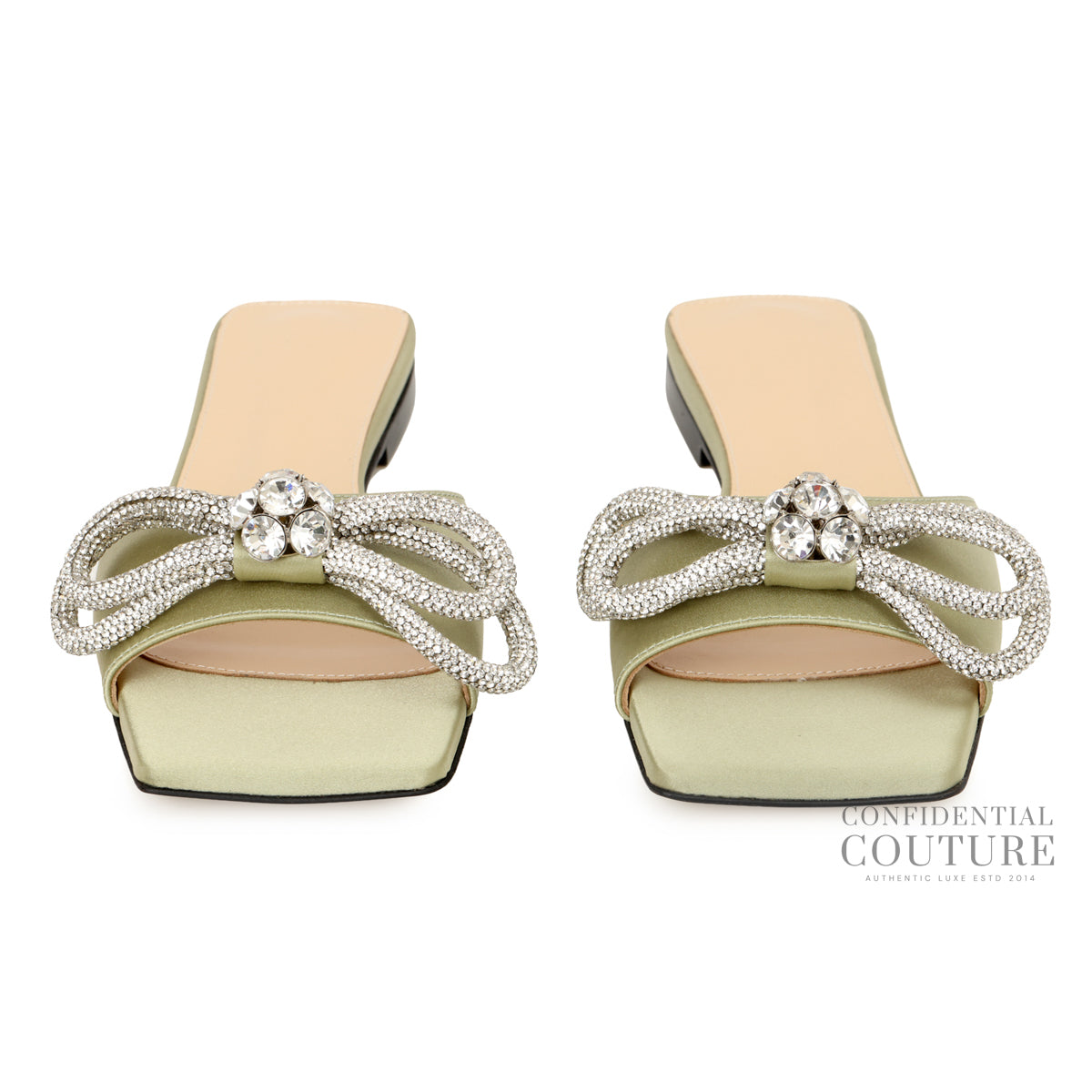 Mint Green Satin Crystal Embellished Double Bow Flat Slides | EU 37.5
