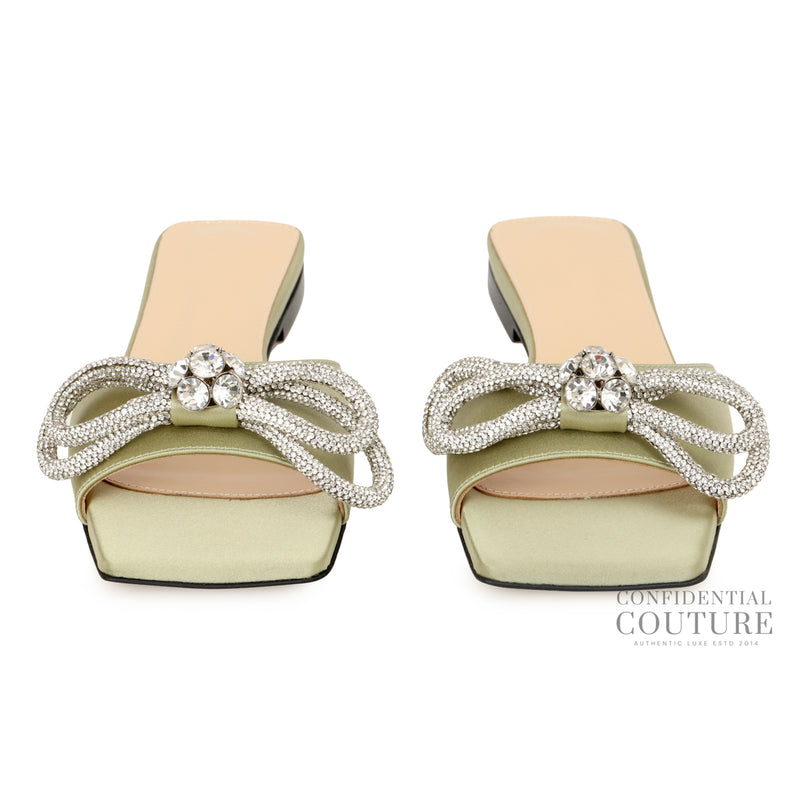 Mint Green Satin Crystal Embellished Double Bow Flat Slides | EU 37.5