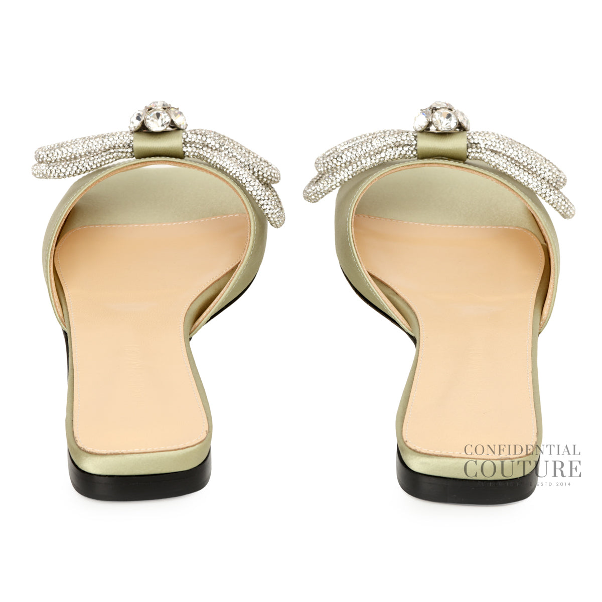 Mint Green Satin Crystal Embellished Double Bow Flat Slides | EU 37.5