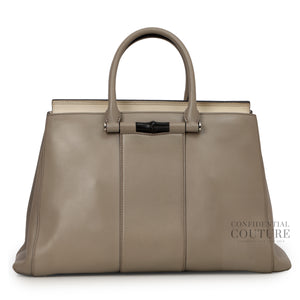 Grey Leather Lady Bamboo Top Handle Bag
