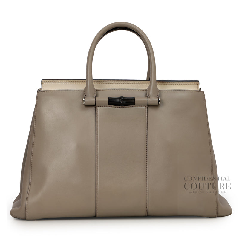 Grey Leather Lady Bamboo Top Handle Bag