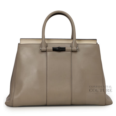 Grey Leather Lady Bamboo Top Handle Bag