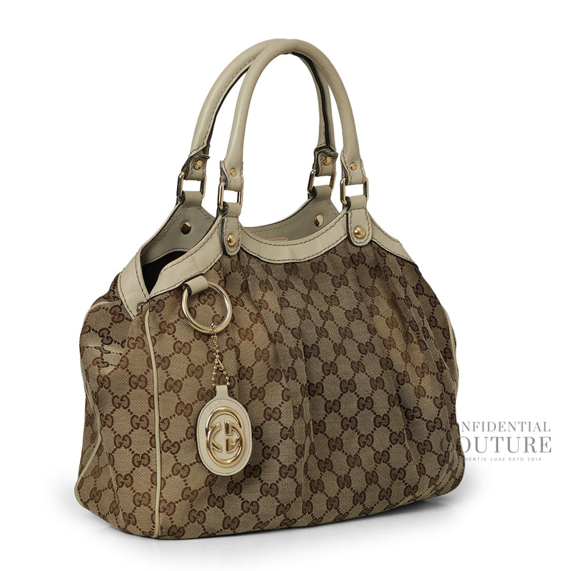 Women pre loved gucci ivory beige gg canvas medium sukey tote