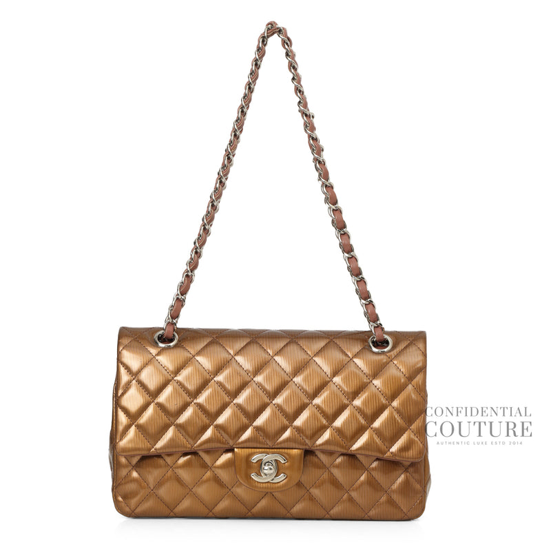 Metallic Browm Patent Leather Medium Double Flap Bag