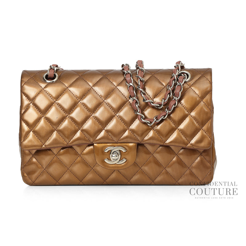 Metallic Browm Patent Leather Medium Double Flap Bag