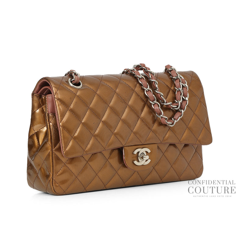 Metallic Browm Patent Leather Medium Double Flap Bag