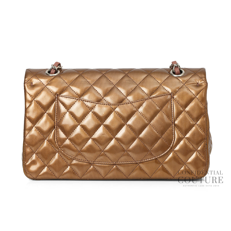 Metallic Browm Patent Leather Medium Double Flap Bag
