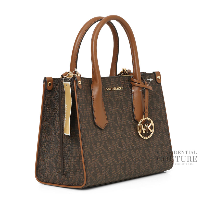 Michael Kors Brown Monogram Maple Small Satchel with Detachable Strap