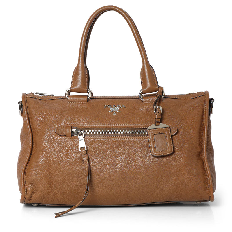 Prada Brown Vitello Phenix Leather Zip Tote Bag